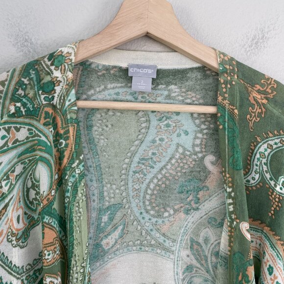 Chicos 2 Womens Large Green Paisley Open Front Cardigan Lightweight Jacket - Picture 8 of 11